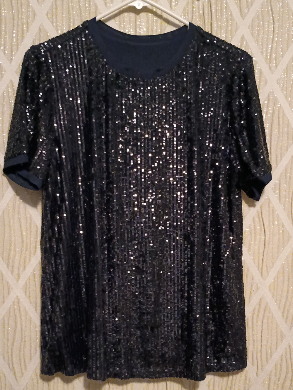 No Boundaries Navy Sequin Short-Sleeve Top